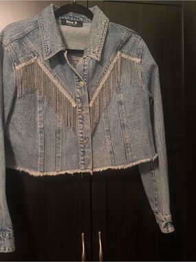 Blue B Cropped Light Blue Denim Jacket with Silver Chain Fringe